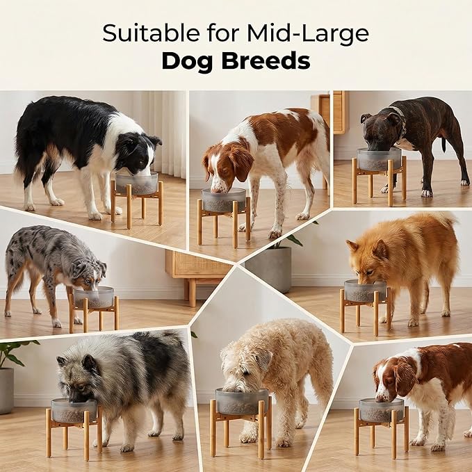 Dog Bowl Stand for Mid-Large Dogs - Adjustable, Easy Fold-Down | Use to Elevate Raise Dog Food, Water and Slow Feeder Bowls, Lock-Bolts and Tool Added, Foot-Padded, Bamboo Stand Only
