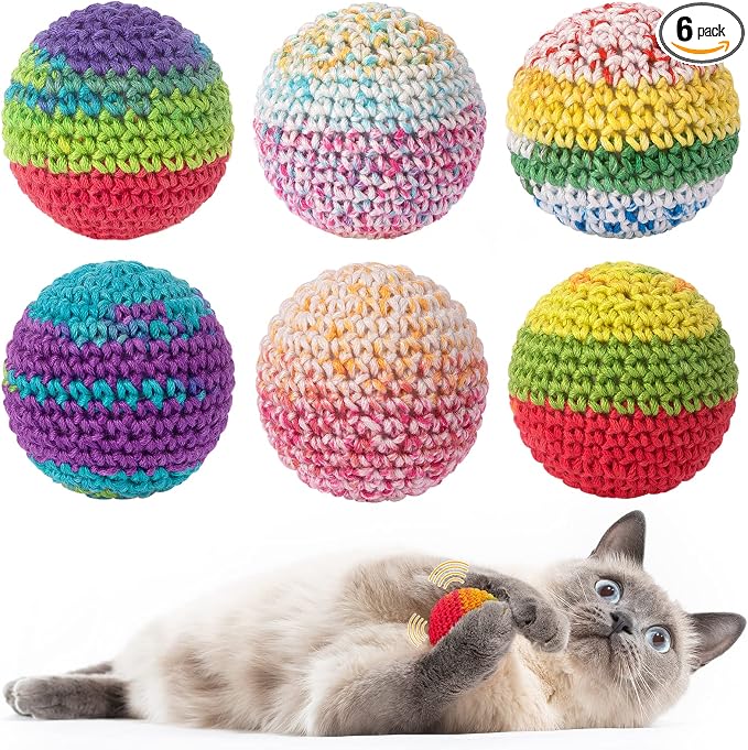 Retro Shaw Cat Toys Balls, Yarn Cat Ball with Bell Inside, Interactive Kitten Toys for Indoor Bored Cats, Handmade Crochet Kitty Ball 6 Pack