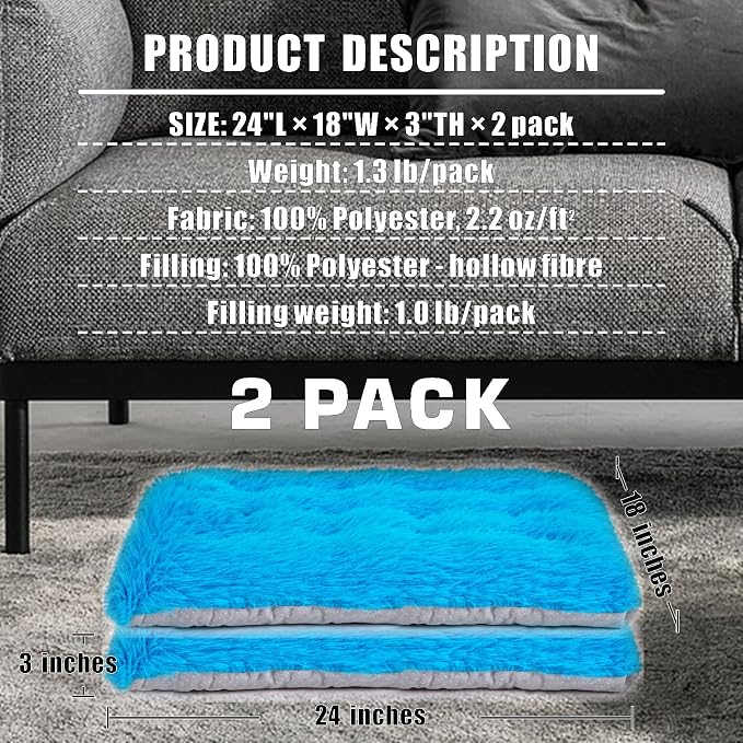 Machine Washable Dog Bed, Deluxe Plush Dog Crate Pad and Cat Bed, Anti-Slip Bottom Kennel Pad Mat, Fuzzy Pet Beds for Large, Medium, Small Dogs Breeds (Azure Blue, 24.0"L x 18.0"W x 3.0"Th x 2 PACK)
