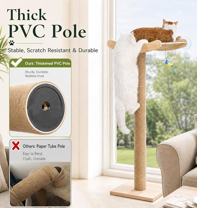 Cat Window Perch with Scratching Posts, 46-Inch Wooden Tree for Large Cats | For Big Cats & Maine Coons; Heavy-Duty Suction Cups Mounting; Spacious Wood Bed ; Drill-Free; Holds Up to 40 lbs