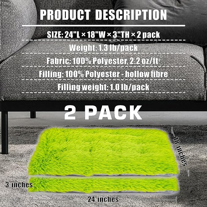 Machine Washable Dog Bed, Deluxe Plush Dog Crate Pad and Cat Bed, Anti-Slip Bottom Kennel Pad Mat, Fuzzy Pet Beds for Large, Medium, Small Dogs Breeds (Grass Green, 24.0"L x 18.0"W x 3.0"Th x 2 PACK)
