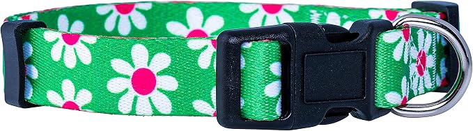 Native Pup Flower Dog Collar, Adjustable Small Medium Large, Cute Girl Female Summer Spring Pretty Designer Puppy Essentials Accessories, Pink Floral Blue Daisy Rose (Small, Green Daisy)