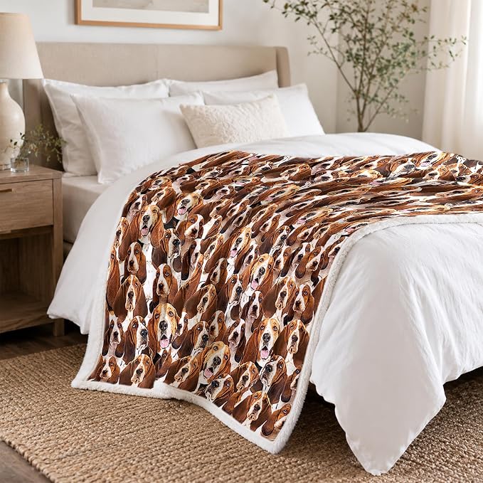 BlessLiving Bassett Hound Brown Throw Blanket with Dense Dog Patterns Sherpa Fleece Blanket Couch Bed, Soft Cozy Warm Pet Blankets for Puppy Lovers Cute Animal Print Gift 50x60 Inches