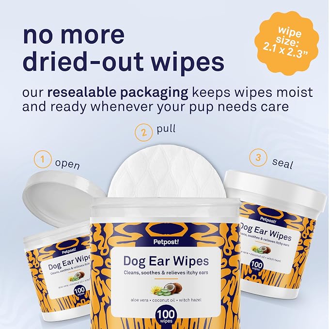Petpost | Dog Ear Cleaner Wipes - Ultra Soft Cotton Pads in Coconut Oil Aloe Solution - Dog Ear Rinse & Cleanser 100 ct.