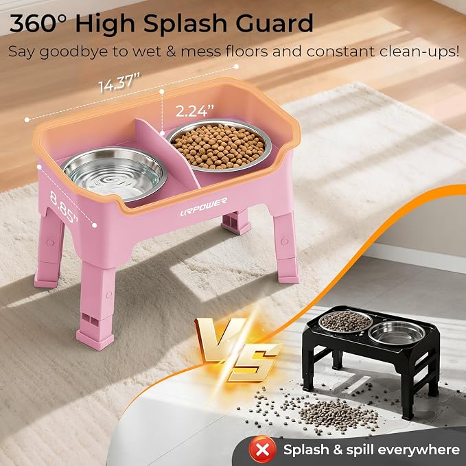URPOWER Mess Proof Elevated Dog Bowls 4 Height Adjustable Raised Bowl Stand with 2 Stainless Steel Dog Bowls Non-Slip Food and Water Bowl Set for Small Dogs, Pink