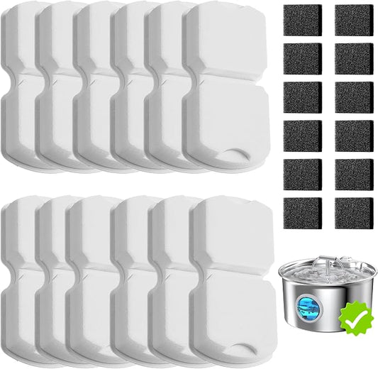 Cat Water Fountain Filter: 24 Pet Fountain Replacement Screen for Stainless Steel - 12 Carbon Filters & 12 Foam Filters - Suitable for Cat Water Fountain Stainless Steel S17