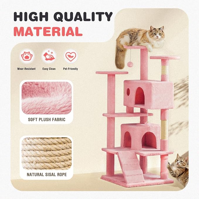 54 Inch Cat Tree Tower with Natural Sisal Scratching Post | Multi-Level Cat Climbing Tower with Hammock, Pet Condo for Indoor Cats and Kittens, Pink
