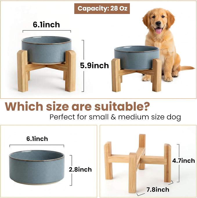 hjn Elevated Ceramic Dog Bowl with Bamboo Stand, Raised Pet Feeding Station for Small Medium Dogs Cats, Modern Design with Anti-Slip Base (Gray Blue, 3.6Cup)
