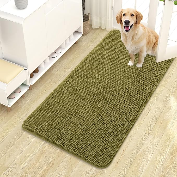 OLANLY Dog Door Mat for Muddy Paws 44x24, Super Absorbent Chenille Mud Mat | Willow Green, Absorbs Moisture and Dirt, Non-Slip Machine Washable Doormat, Quick-Dry Indoor Entryway Floor Carpet for Dogs