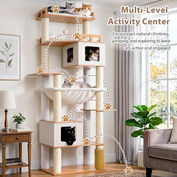 Cat Tree, Wooden Multi-Level Tower for Large Audlt Cats GCT104WB | 76" Cat House Furniture with Big Hammock, 2 Condos，2 Wood Platforms with Safety Railing, Sisal Scratching Posts, Walnut