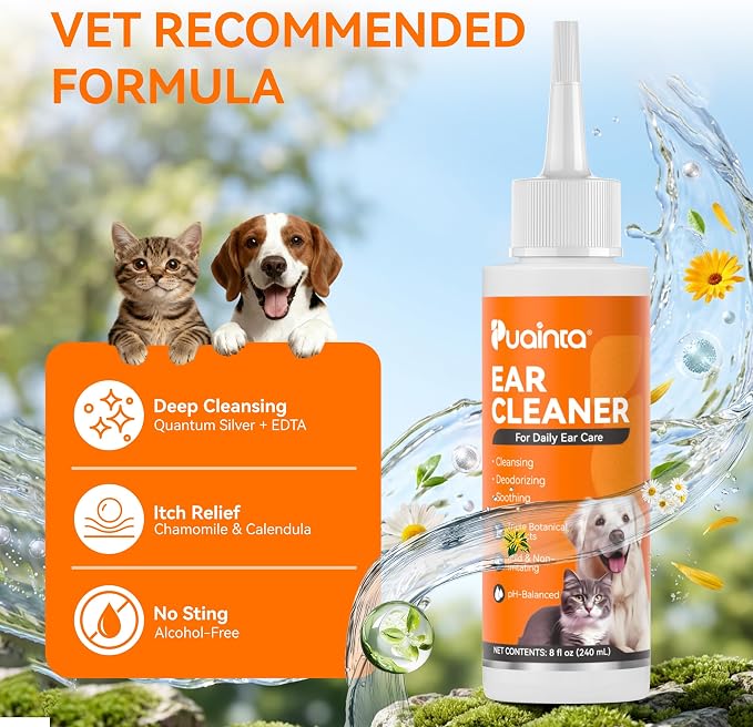 Dog Ear Cleaner Solution - Alcohol-Free Ear Wash with Quantum Silver & Witch Hazel - Soothes Itch, Removes Wax & Odor - Gentle Daily Flush for Dogs & Cats (8 oz) | Vet Formulated Patented Quantum Silver Alcohol-Free Dog & Cat Ear Flush, Soothes Itching...