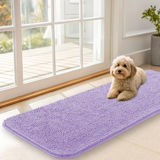 OLANLY Dog Door Mat for Muddy Paws 47x17, Super Absorbent Chenille Mud Mat | Lavender, Absorbs Moisture and Dirt, Non-Slip Machine Washable Doormat, Quick-Drying Indoor Entryway Floor Carpet for Dogs