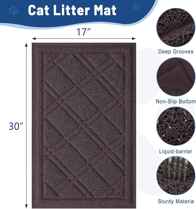Smiry Cat Litter Box Mat 30x17, Non-Slip Water Resistant Litter Trapping Mat, Easy Clean Less Waste and Urine-Locking Cat Carpet for Indoor, Brown