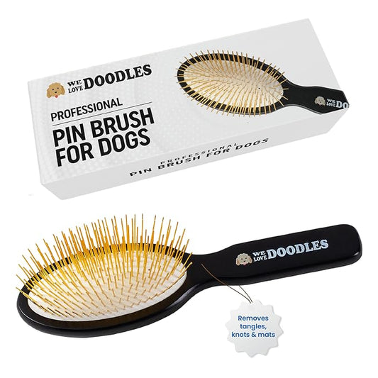 We Love Doodles Pin Brush for Dogs, Pet Grooming Detangler Pin Dog Brush, Dog Brush for Shedding and Removing Loose Fur, Lightweight Beech Wood (Gold Pins)