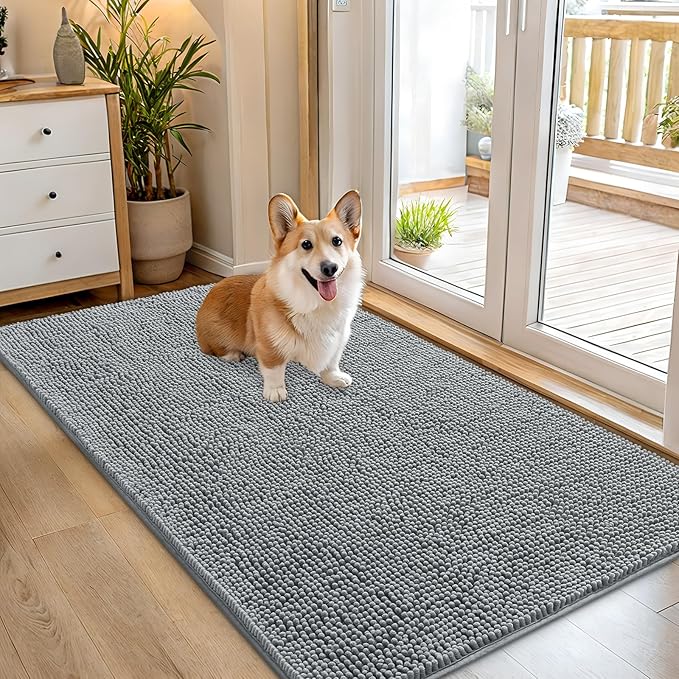 OLANLY Dog Door Mat for Muddy Paws 54x32, Super Absorbent Chenille Mud Mat | Grey, Absorbs Moisture and Dirt, Non-Slip Machine Washable Doormat, Quick-Drying Indoor Entryway Floor Carpet for Dogs
