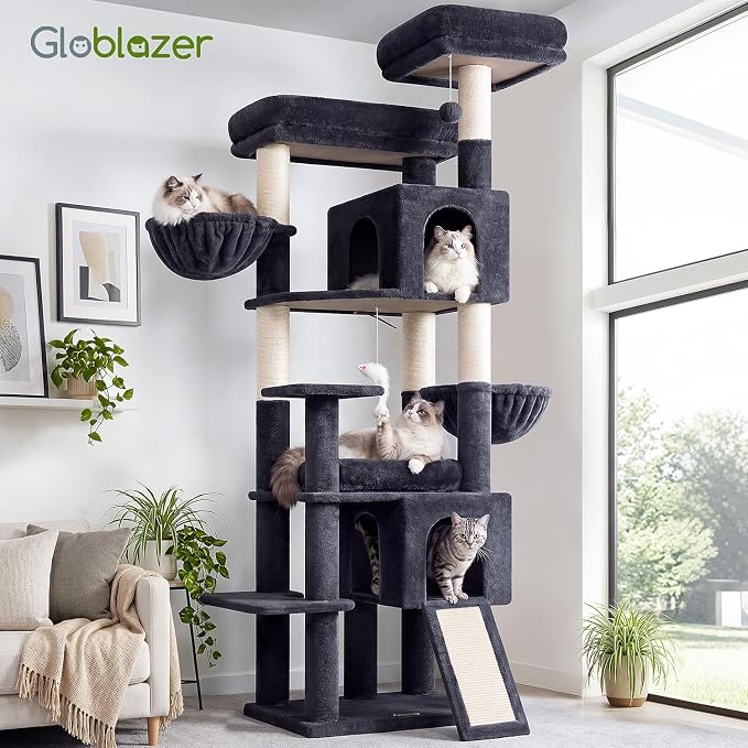 Globlazer Tall Cat Tree for Indoor Large Cats, 75 inch, F75C, Dark Grey | Multi-Level Cat Tower, 2 Large Platforms, 2 Oversized Cat Condos, 5 Scratching Posts, Scratching Board, Removable Pet Bed