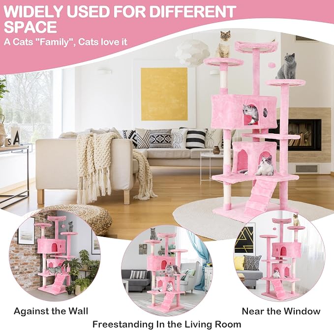 70'' Tall Multi-Level Cat Tree for Indoor Cats, Furniture With Scratching Post, Platform, Condo, Tower With Funny Toy, Corner Tree for Medium Cats
