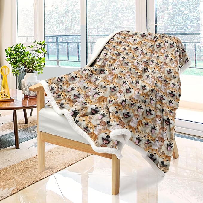 BlessLiving Fuzzy Dogs Blanket for Kids Adults Cute Puppy Fleece Blanket Reversible Animal Pattern Sherpa Throw (Shiba Inu,Throw, 50 x 60 Inches)