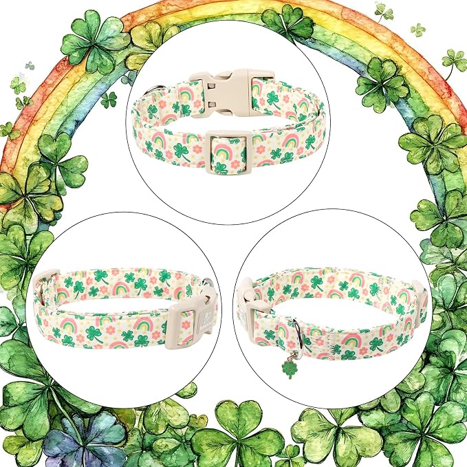 St. Patrick's Day Dog Collar for Small Dogs - Cute Shamrock & Rainbow Print Dog Collars, Irish Green Party Puppy Collar, Lightweight Adjustable St. Patricks Day Pet Collars XS
