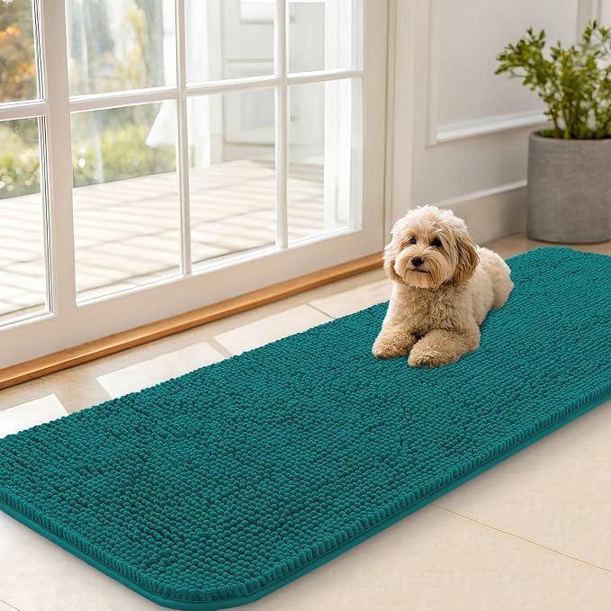 OLANLY Dog Door Mat for Muddy Paws 59x20, Super Absorbent Chenille Mud Mat | Lake Blue, Absorbs Moisture and Dirt, Non-Slip Machine Washable Doormat, Quick-Drying Indoor Entryway Floor Carpet for Dogs