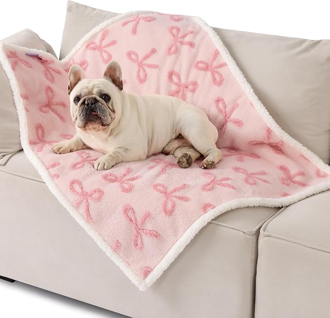 LE SURE Waterproof Puppy Blanket for Medium Dogs - Washable Double Sided Dog Blankets with Warm Jacquard Shag and Soft Sherpa Fleece, Pet Cat Blanket for Couch Protection, Bow Design，Pink Taffy