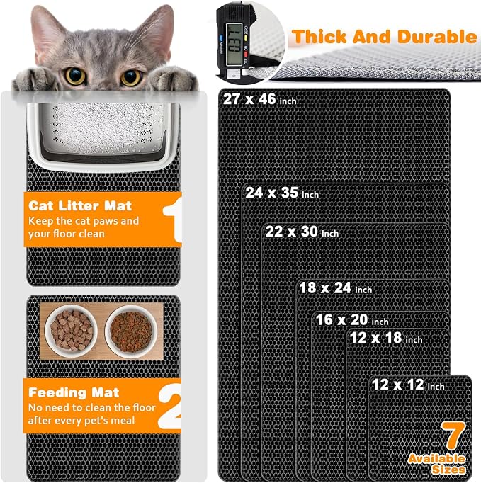Cat Litter Mat 18"x24",Double Layer EVA litterbox Mat, Black | Waterproof honeycomb large grid, urine-proof and odor-free. Traps litter, easy cleanup,Washable, non-slip backing