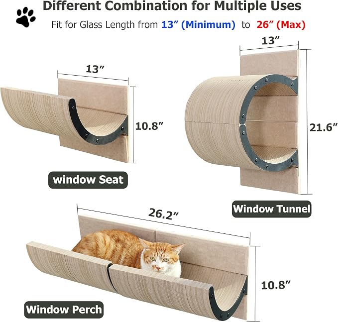 Cat Window Perch with Scratching Bed,Versatile Climbing Shelves Mounted by Strong Suction Cups, Solid Metal Frame and Anti-Slip Felt for Hide,Nap and Sunbath, Glass Protection Design(Oatmeal)