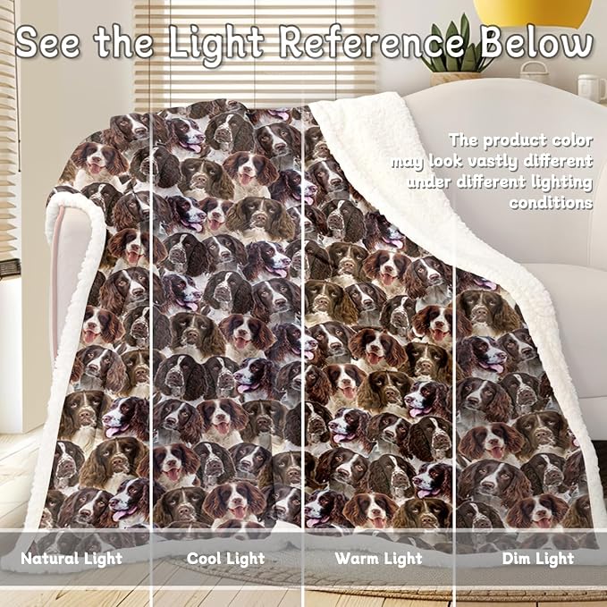 BlessLiving Fuzzy Dog Blanket for Kids Adults Puppy Lovey Fleece Blanket Reversible Animal Pattern Sherpa Throw (English Springer Spaniel, 60 x 80 Inches)
