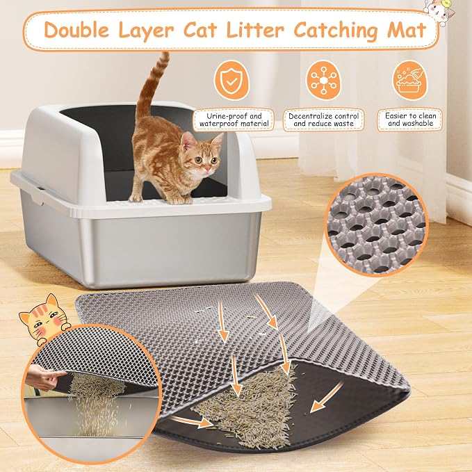 2 Pack Stainless Steel Litter Box, 24'' XL Extra Large Cat Litter Box with Lid, Metal Litter Boxes for Multiple Cats, Anti-Leakage,Non-Stick, Easy to Clean, Included Cat Litter Mat, Scoop