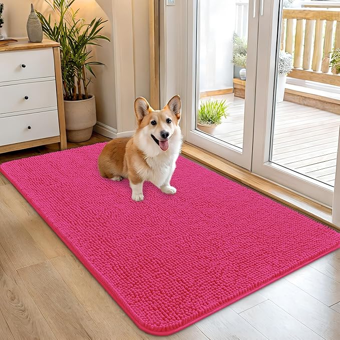 OLANLY Dog Door Mat for Muddy Paws 45x27, Super Absorbent Chenille Mud Mat | Hot Pink, Absorbs Moisture and Dirt, Non-Slip Machine Washable Doormat, Quick-Drying Indoor Entryway Floor Carpet for Dogs
