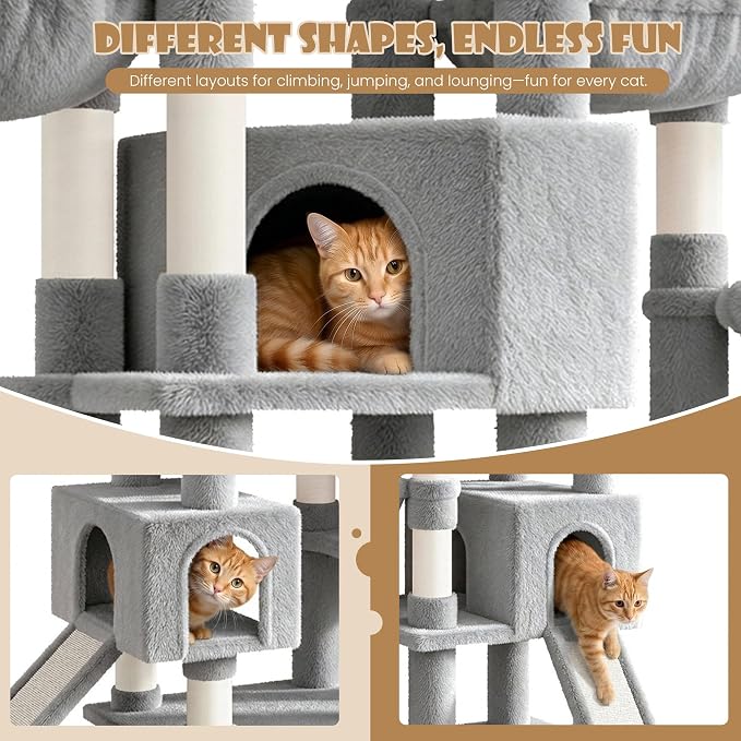 Sha Cerlin 87 in Multi-Level Tall Cat Tree Tower for Large Cats/Extra Wide Feline Activity Center/Sisal Scratching Posts/Wide Base/Cozy Plush Perches/Baskets/Hammocks/Toy Balls/Grey