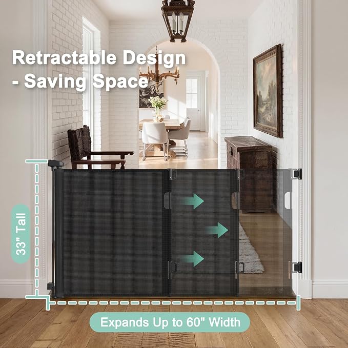 Retractable Baby Gates for Doorways & Stairs, Mesh Retractable Dog Gate for Indoor&Outdoor Use, 33" Tall Expands Up to 60" Width, No Bottom Bar Child Safety Gates for Stairs, Doorways, Hallways, Decks