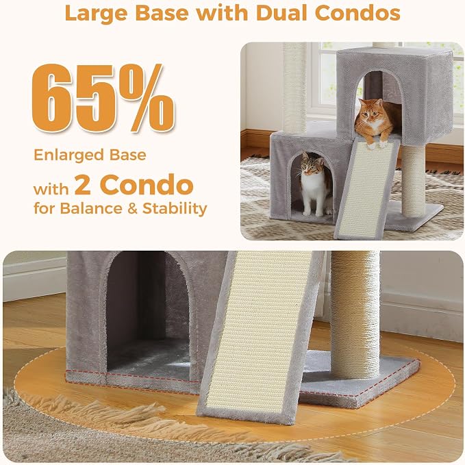PAWZ Road Large Cat Tree, 45" Heavy Duty Cat Tower with Dual Condos, 3 Thick Full Wrapped Sisal Posts(φ4.3), Spacious Top Perch, Scratching Ramp for Large Cats,Gray