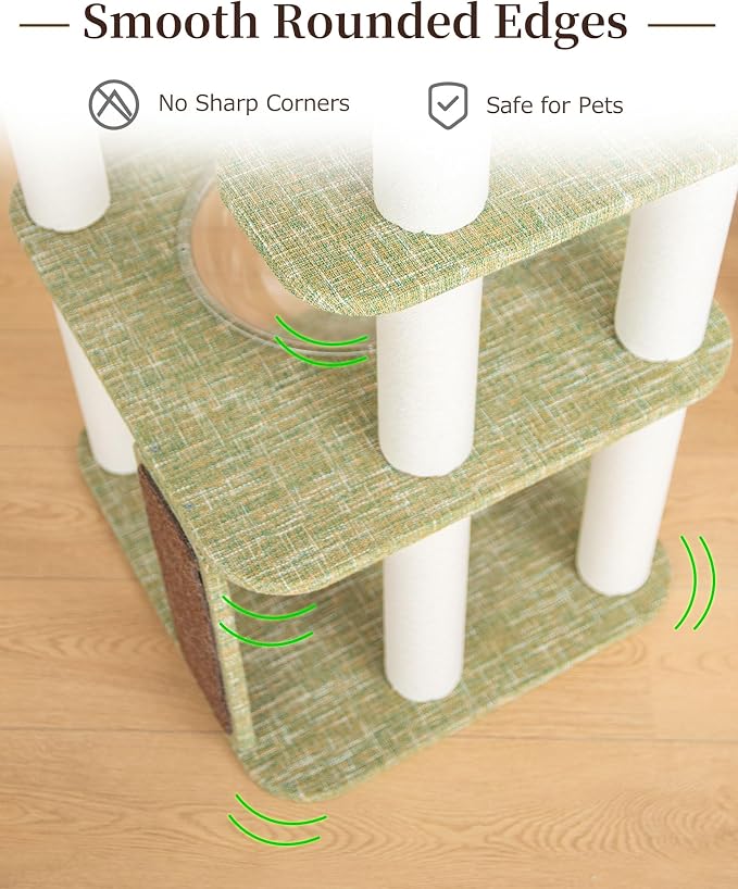 53'' Cat Tree for Large Cat, Modern Senior Friendly Cat Tower with Wide Shelves Low Step, Cotton Scratching Posts, Super Sturdy Base, Cozy Perches, and Interactive Toys (Green)