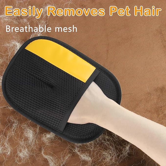 Thickened Pet Hair Removal Glove for Fabric Surfaces, BlackYellow | Easy-On 2-Finger Design; Secure Stay-Put Fit; Easy Hair Pickup; Reusable Design; Sofas, Beds, Carpets, Pet Beds and Car Seats