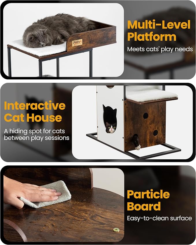 Wood Modern Cat Tree Tower, 84 Inch XL Tall Indoor Large Cat Condo | Heavy Duty XL Stable Wooden Cat Condo House Furniture with Multi-Level Spacious Perch Scratching Board Soft Washable Pads