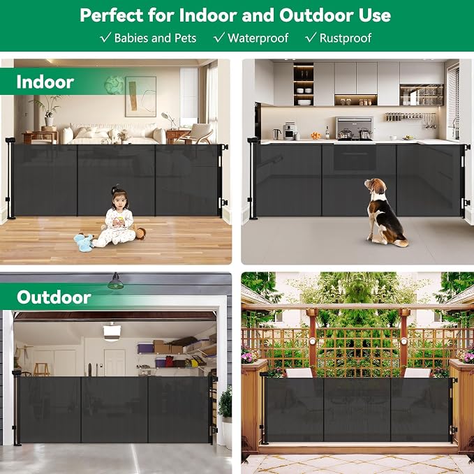 Reinforced 85" Wide Retractable Baby Gates Extra Wide Retractable Dog Gate with Support Rods – Prevent Crawling Under, Indoor Wide Baby Gate Outdoor Retractable Gate, Puppy Gates for The House, Black