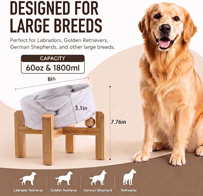 hjn Elevated Ceramic Dog Bowl 15°Slanted Raised Dog Bowl with Bamboo Stand for Small Medium Dogs and Cats, Pet Feeder -7.6-Cup (1800ml)-Marble Gray