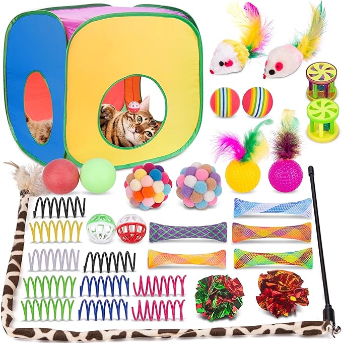 Retro Shaw 33 Pack Cat Toys Set, Interactive Cat Tunnel Feather Wand Kit | Collapsible Cat Tent, For Indoor Cats, Kitten Toys Pack Variety Crinkle Ball Bell Spring Mouse