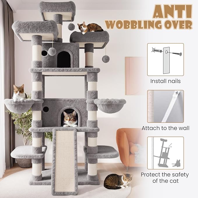 SHA CERLIN 81 Inches Extra Large Cat Tree for Indoor Adult Cats/XXL Big Cat Tower with Condo/Cozy Perches/Sisal Scratching Posts and Hammocks/Activity Center/F80/Heavy Duty/Grey
