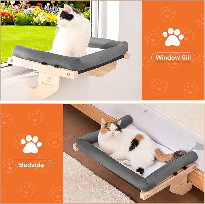 Cat Window Perch + Bonus Toy by Petronaut – Solid Wood, Durable & Easy-Clean, Comfortable Orthopedic Hammock, No Drilling, No Suction Cups, Holds 40 lbs – Window Seat for Large Cats, 21.7"x15"