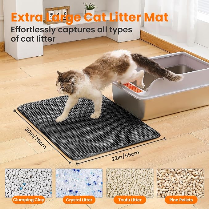 Extra Large Cat Litter Mat, Double Layer Honeycomb Design | 30x22”, Reduces Litter Tracking, Easy to Clean, Waterproof, Non-Slip, Soft on Paws, Scratch Resistant, Black, XL