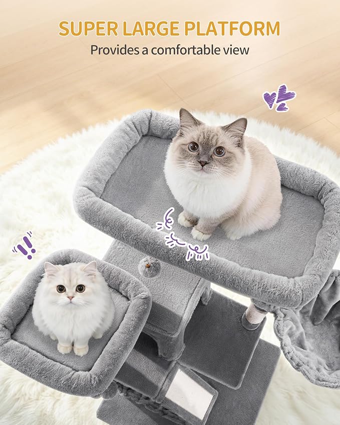 Hzuaneri Large Cat Tree, 72 Inch Tall Multi-Level Cat Tower for Indoor Cats | Cat Condo Furniture with 6 with Sisal Scratching Posts, 2 Large Platforms, 2 Cats House, Hanging Basket, Light Gray MS18318LG