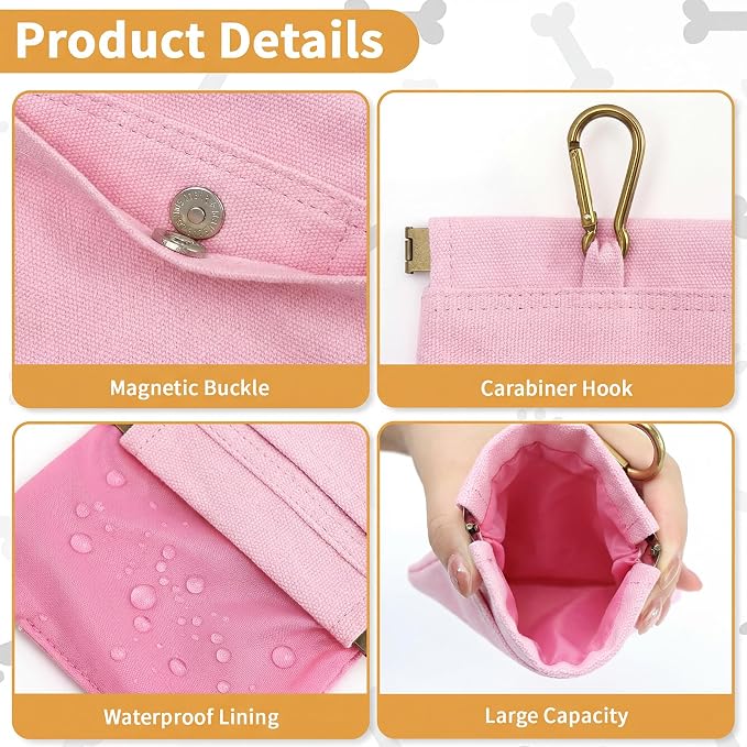 Dog Treat Pouch for Pet Training, Carabiner & Magnetic Buckle, Pink | Hand Free Dog Training Treat Bag, Auto Closing Dog Walking Bag for Puppy Travel or Outdoor Use, Pet Feed Snack Reward Pocket