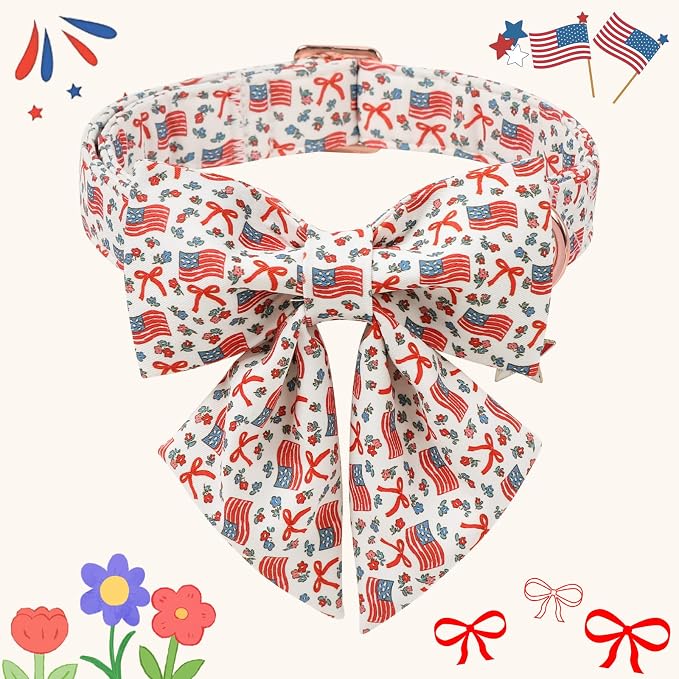 DOGWONG American Flag Dog Collar with Sailor Bow - Adjustable and Comfortable 4th of July Dog Collar Patriotic Necklace for Large Medium Small Pet,S