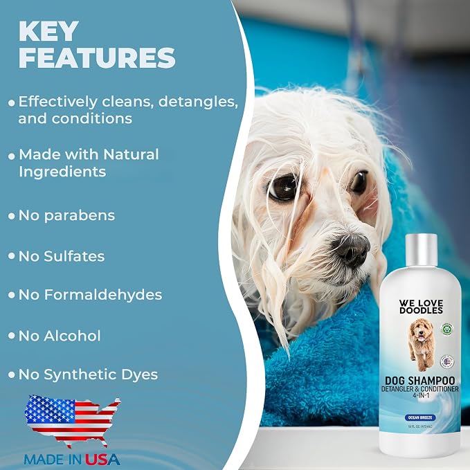 Dog Shampoo, Conditioner & Detangler, Gentle Tearless, Ocean Breeze, 16OZ | For Sensitive Itchy Skin, Hypoallergenic, Tearless, Best Shampoo For Smelly Dogs, Goldendoodle, Poodle & Doodle, Made in USA