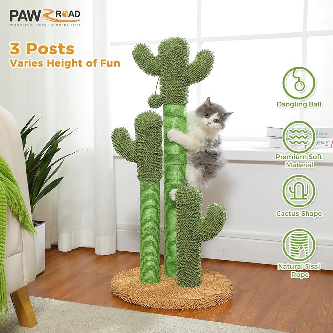 PAWZ Road Cactus Cat Scratching Post 35”Cat Scratcher with Toy Ball | Cactus Cat tree with 3 Sisal & Carpet Scratching Posts, Soft Carpet Base & Top, Interactive Ball for Adult and Indoor Cats