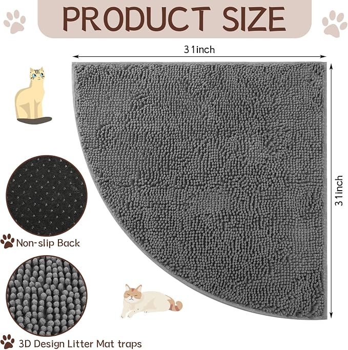 Tinideya Corner Cat Litter Mat 31"x 31" Kitty Litter Box Trapping Mat Large Waterproof Corner Rug Non Slip, Easy Clean, Machine Washable(Dark Gray)