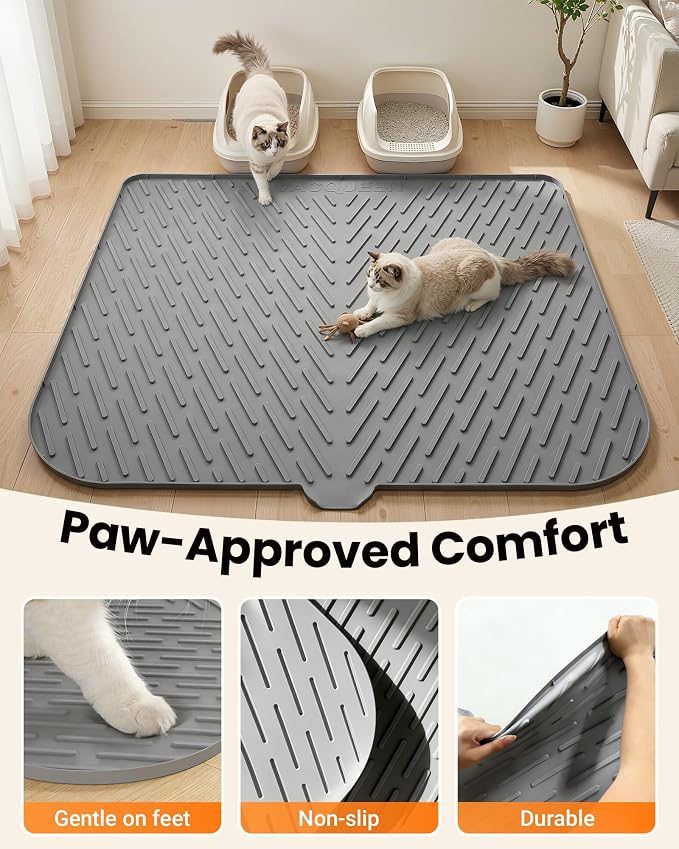 Cat Litter Mat, 47"x37" Extra Large Litter Box Mat, Silicone Mat, Gray | XXL Waterproof Litter Trapping Mat for Scatter Control, Soft on Cat Paws Non-Slip Easy to Clean