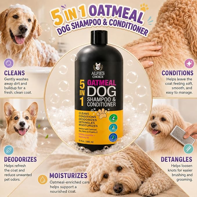 Oatmeal Dog Shampoo and Conditioner for Sensitive Skin with Aloe 32 fl oz | 5 in 1 Puppy Shampoo for Itchy, Sensitive Skin | Cleans, Conditions, Deodorizes & Moisturizes For All Breeds | ALFIE'S CHOICE